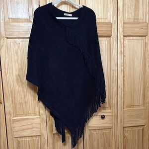Navy Fringe Poncho by Riah Fashion